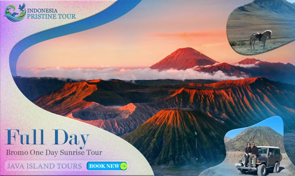 Sunrise at Mount Bromo with golden sky, Mount Semeru in the background, and a scenic volcanic landscape during a one day tour.