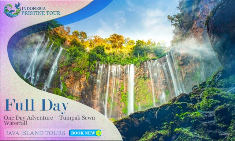 “One day adventure to Tumpak Sewu Waterfall, a breathtaking multi-tier waterfall surrounded by lush green cliffs in East Java, Indonesia.”