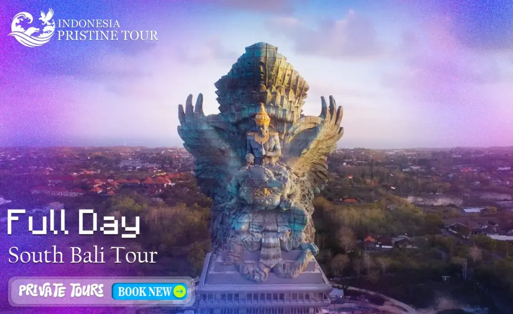 South Bali full-day tour itinerary featuring Uluwatu Temple, dramatic sea cliffs, white sand beaches, and sunset views over the Indian Ocean