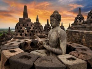 Borobudur Temple sunrise view with golden light over stupas in Yogyakarta, Indonesia