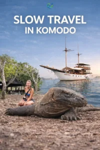 Traditional wooden phinisi boat sailing slowly in Komodo National Park during golden sunset light