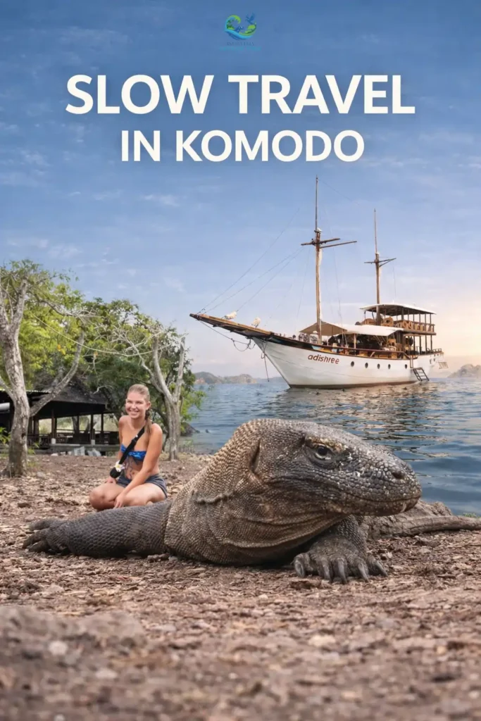 Traditional wooden phinisi boat sailing slowly in Komodo National Park during golden sunset light