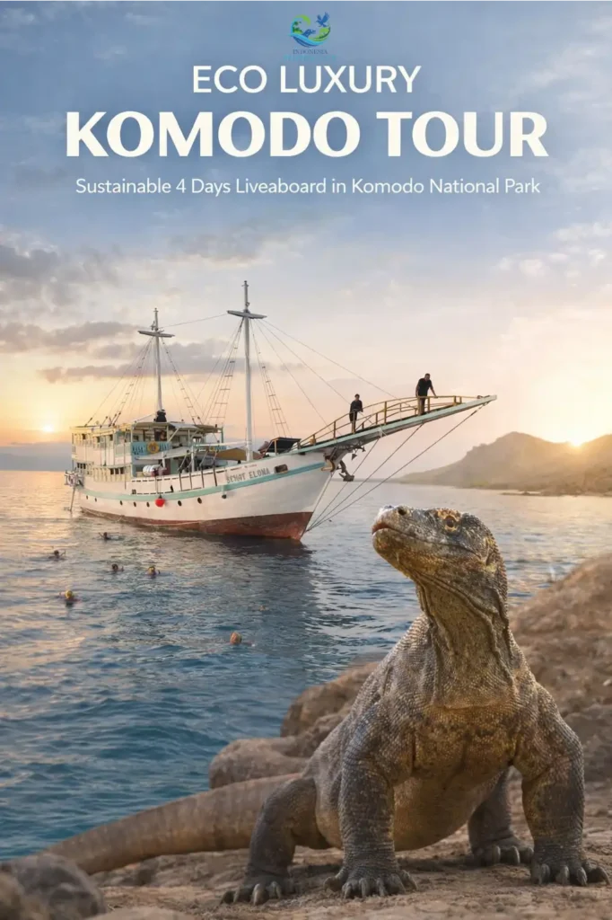 Eco-luxury liveaboard sailing in Komodo National Park with turquoise waters and tropical islands in the background