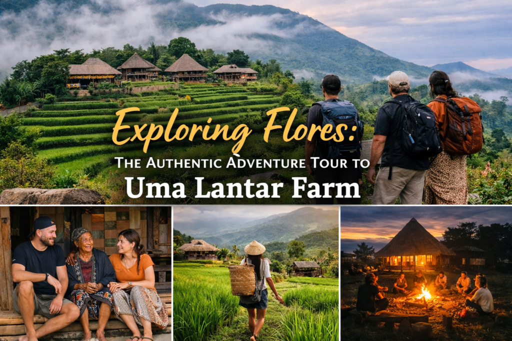 Exploring Flores Authentic Adventure Tour to Uma Lantar Farm featuring eco-stay, local culture, rice fields, traditional village life, and scenic landscapes in Flores Indonesia