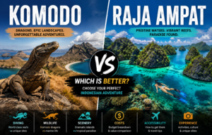 Komodo vs Raja Ampat travel comparison featuring a Komodo dragon, Padar Island landscape, Raja Ampat limestone islands, crystal-clear turquoise waters, snorkeling scene, and key comparisons of diving, wildlife, scenery, costs, accessibility, and travel experiences.