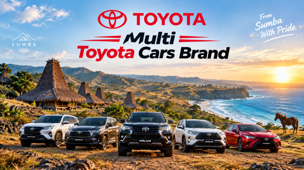 Sumba Island landscape at sunset with traditional thatched-roof houses, rolling hills, turquoise coastline, and five Toyota cars in the foreground, featuring the text Toyota Multi Toyota Cars Brand.