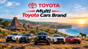 Sumba Island landscape at sunset with traditional thatched-roof houses, rolling hills, turquoise coastline, and five Toyota cars in the foreground, featuring the text Toyota Multi Toyota Cars Brand.